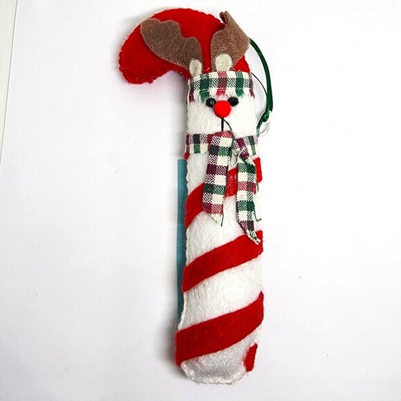 Handmade Reindeer Candy Cane Red White Felt Plush Christmas Holiday Ornament - Picture 5 of 7